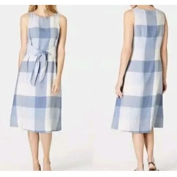 J Jill Love Linen Dress Womens PETITE Size S Check Plaid Blue White Tie Front - Picture 2 of 9